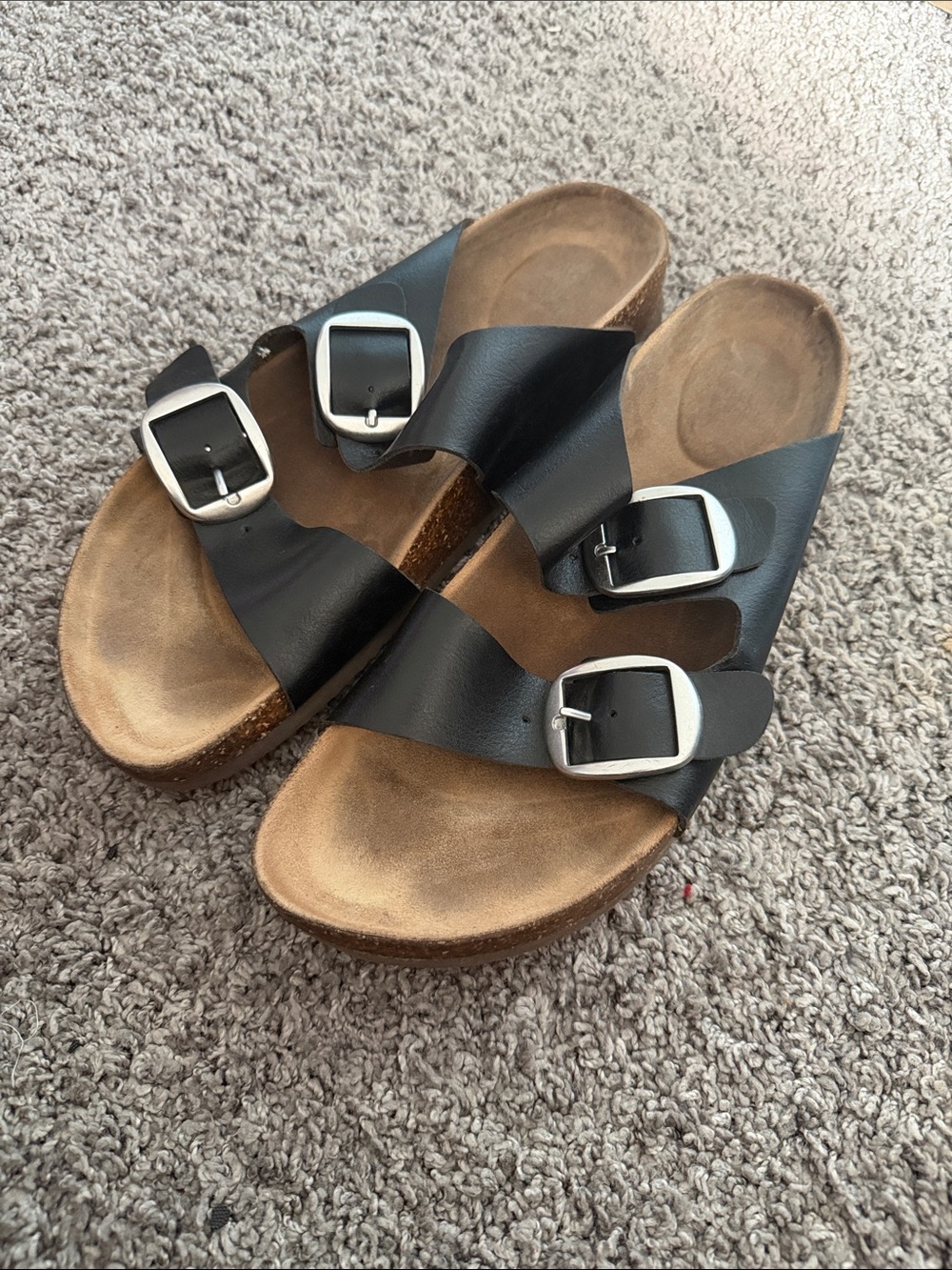 Time and Tru Black Double Buckle Slide Sandals